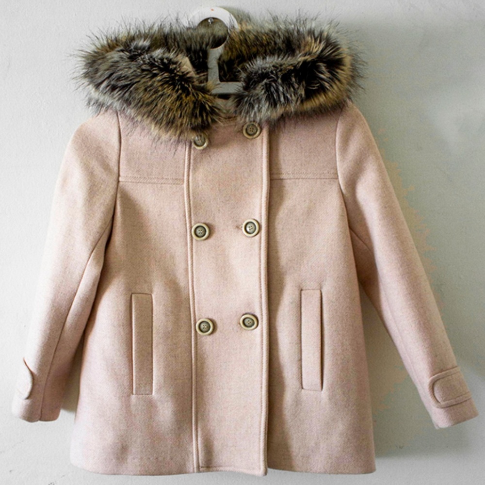 Girl's Peacoat with Detachable Faux Fur Hood Trim